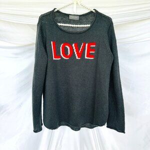 WoodenShips Vintage Kevlar Gray w/ Red & White "LOVE" Open Crew Neck Sweater